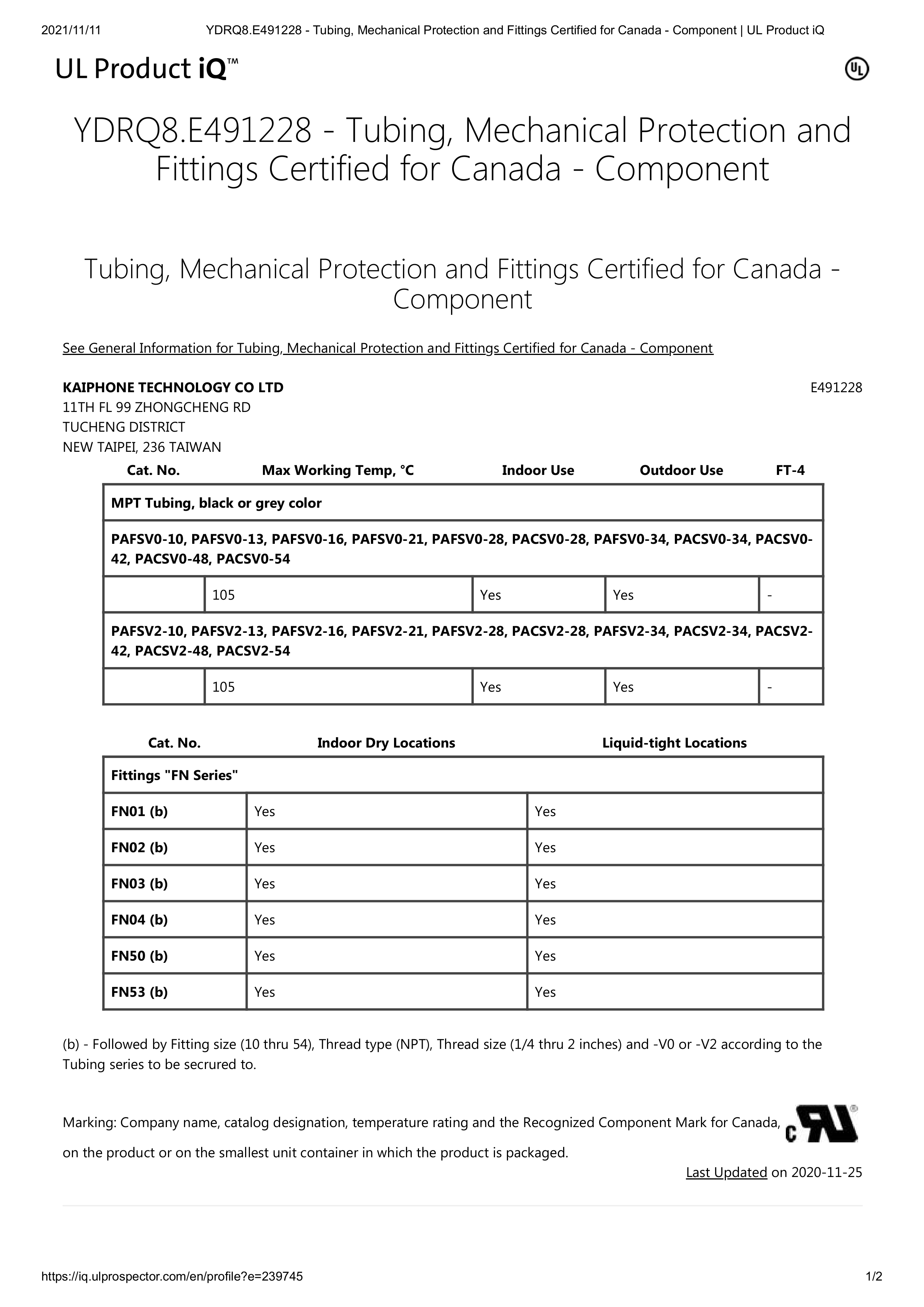 YDRQ8.E491228 - Tubing, Mechanical Protection and Fittings Certified for Canada